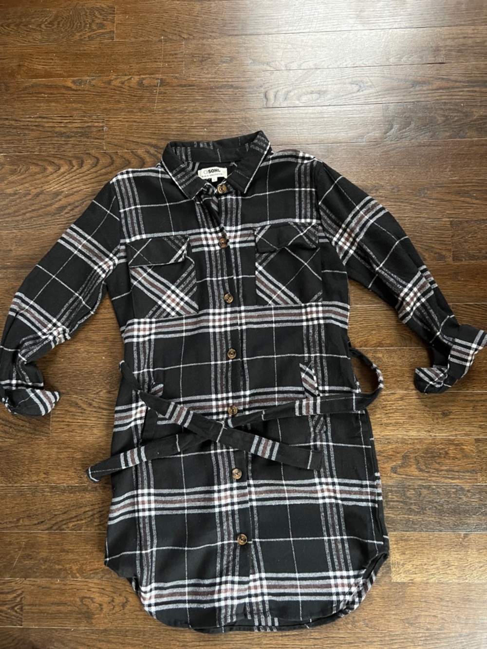 Black Plaid Button-Up Shirt Dress with Waist Tie